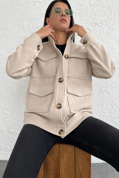 Tommylife Wholesale Beige Buttoned Pocketed Women's Shorts Coat - 02071 - Thumbnail