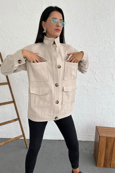 Tommylife Wholesale Beige Buttoned Pocketed Women's Shorts Coat - 02071 - Thumbnail