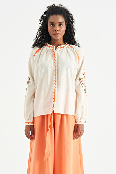 Tommylife Wholesale Beige Mandarin Collar Women's Blouse - 02301 - Thumbnail