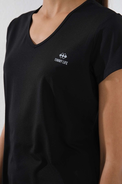 Tommylife Wholesale Black Basic Short Sleeve Standard Mold V Collar Women's T-shirt - 97145 - Thumbnail