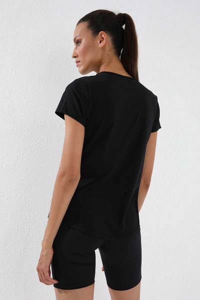 Tommylife Wholesale Black Basic Short Sleeve Standard Mold V Collar Women's T-shirt - 97145 - Thumbnail