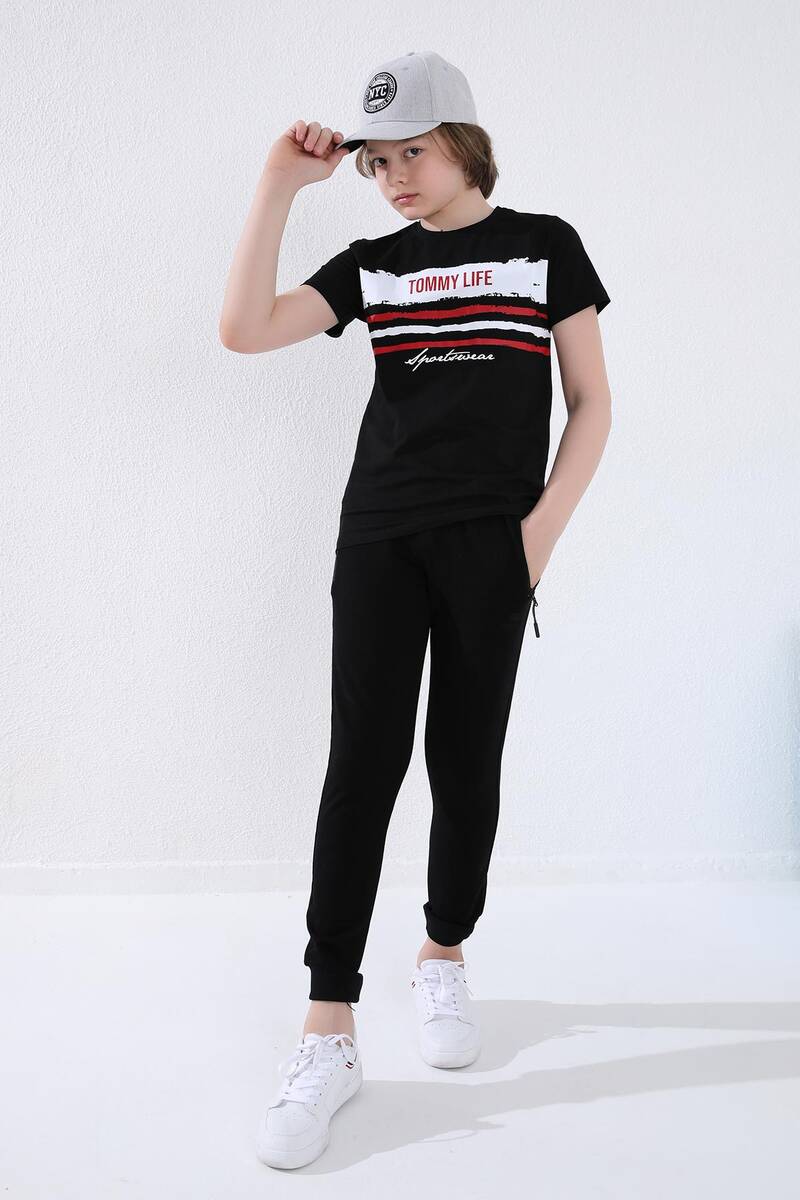 TOMMYLIFE - Tommylife Wholesale Boy's Jogger with Zippered Pockets Standard Fit Cuffed Sweatpants 64042 Black