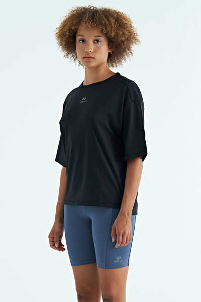 Tommylife Wholesale Black Crew Neck Oversize Women's T-Shirt - 97263 - Thumbnail