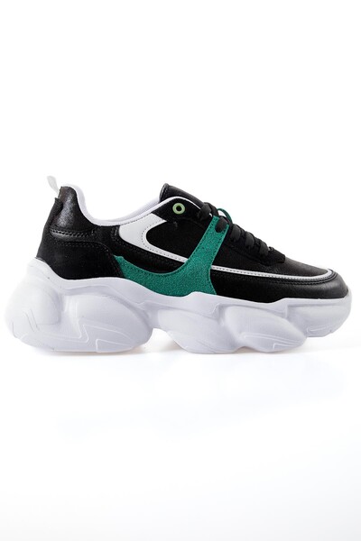 Tommylife Wholesale Black - Green Faux Leather Women's Sneakers - 89206 - Thumbnail