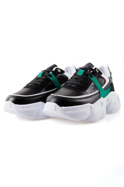 Tommylife Wholesale Black - Green Faux Leather Women's Sneakers - 89206 - Thumbnail