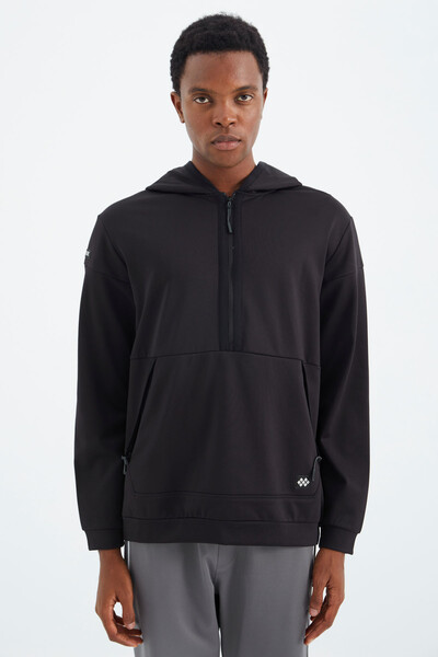 Tommylife Wholesale Black Hooded Half Zip Relaxed Fit Men's Sweatshirt - 88274 - Thumbnail