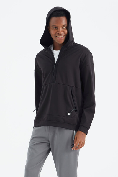 Tommylife Wholesale Black Hooded Half Zip Relaxed Fit Men's Sweatshirt - 88274 - Thumbnail