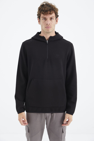 Tommylife Wholesale Black Hooded Half Zip Relaxed Fit Men's Sweatshirt - 88281 - Thumbnail