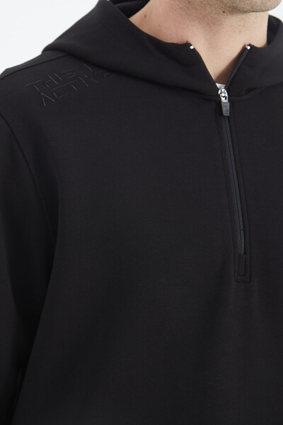 Tommylife Wholesale Black Hooded Half Zip Relaxed Fit Men's Sweatshirt - 88281 - Thumbnail