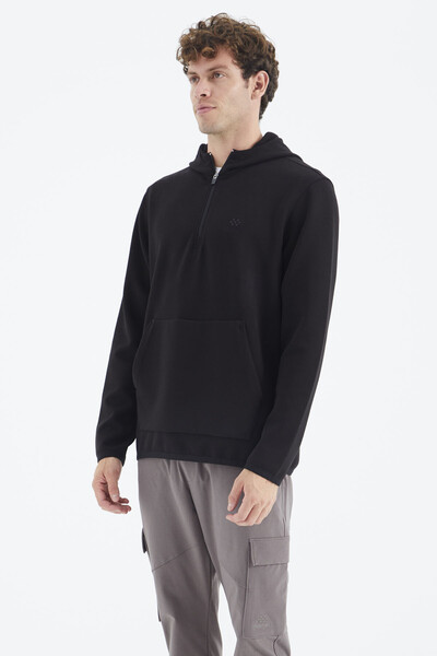 Tommylife Wholesale Black Hooded Half Zip Relaxed Fit Men's Sweatshirt - 88281 - Thumbnail