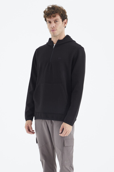 Tommylife Wholesale Black Hooded Half Zip Relaxed Fit Men's Sweatshirt - 88281 - Thumbnail