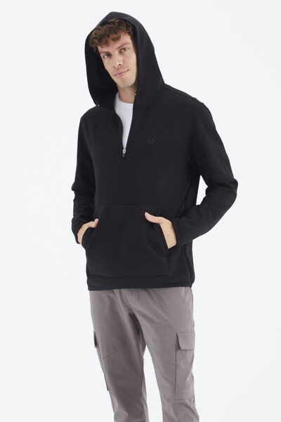 Tommylife Wholesale Black Hooded Half Zip Relaxed Fit Men's Sweatshirt - 88281 - Thumbnail