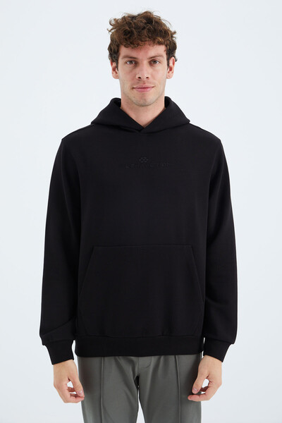 Tommylife Wholesale Black Hooded Kangaroo Relaxed Fit Men's Sweatshirt - 88280 - Thumbnail