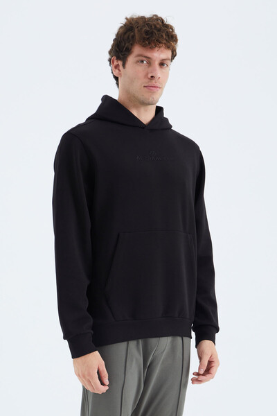 Tommylife Wholesale Black Hooded Kangaroo Relaxed Fit Men's Sweatshirt - 88280 - Thumbnail