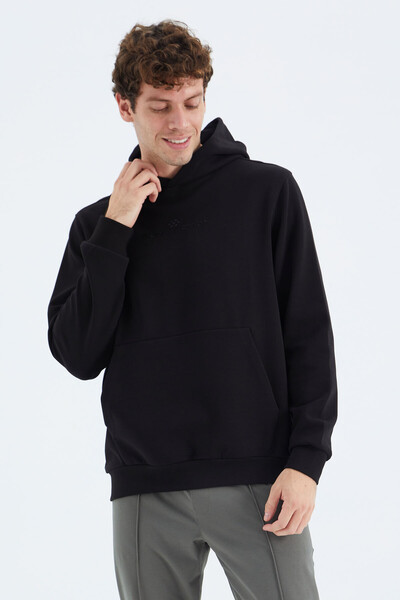 Tommylife Wholesale Black Hooded Kangaroo Relaxed Fit Men's Sweatshirt - 88280 - Thumbnail