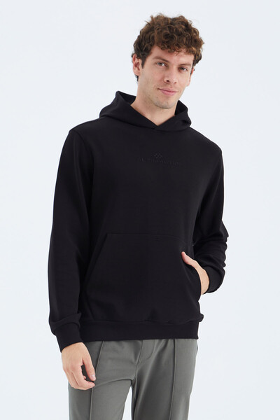 Tommylife Wholesale Black Hooded Kangaroo Relaxed Fit Men's Sweatshirt - 88280 - Thumbnail