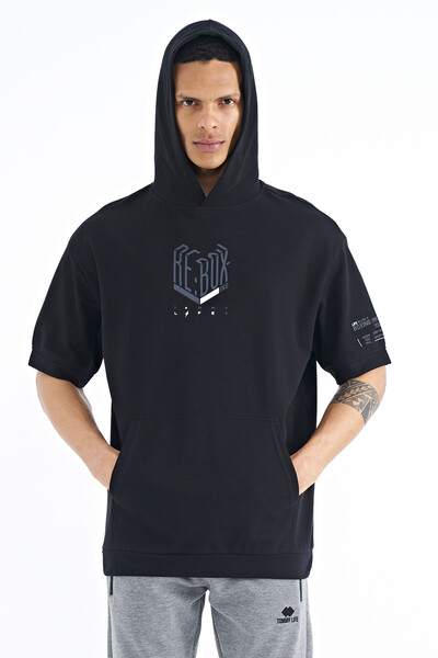 Tommylife Wholesale Black Hooded Oversize Men's T-shirt - 88194 - Thumbnail