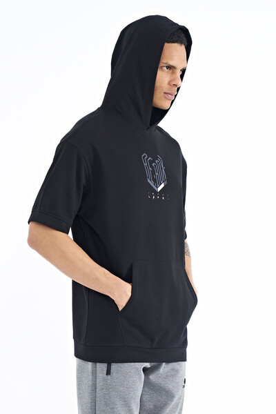 Tommylife Wholesale Black Hooded Oversize Men's T-shirt - 88194 - Thumbnail