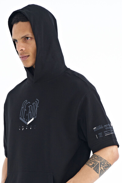 Tommylife Wholesale Black Hooded Oversize Men's T-shirt - 88194 - Thumbnail