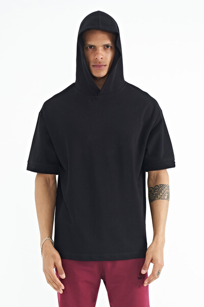 Tommylife Wholesale Black Hoodie Oversize Men's T-shirt - 88179 - Thumbnail