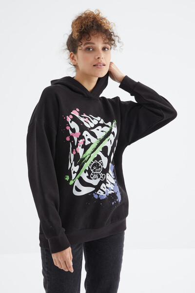 Tommylife Wholesale Black Hoodie Oversize Women's Sweatshirt - 97248 - Thumbnail