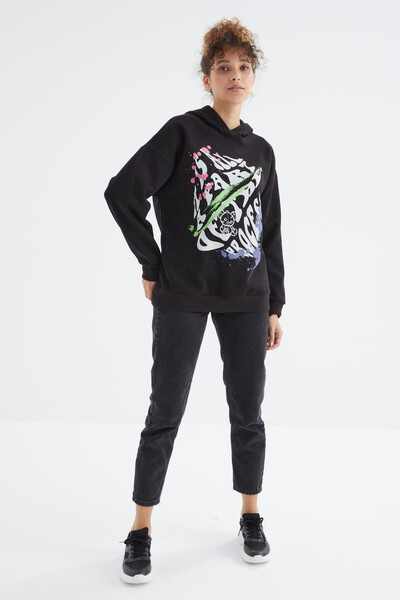 Tommylife Wholesale Black Hoodie Oversize Women's Sweatshirt - 97248 - Thumbnail