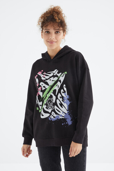 Tommylife Wholesale Black Hoodie Oversize Women's Sweatshirt - 97248 - Thumbnail