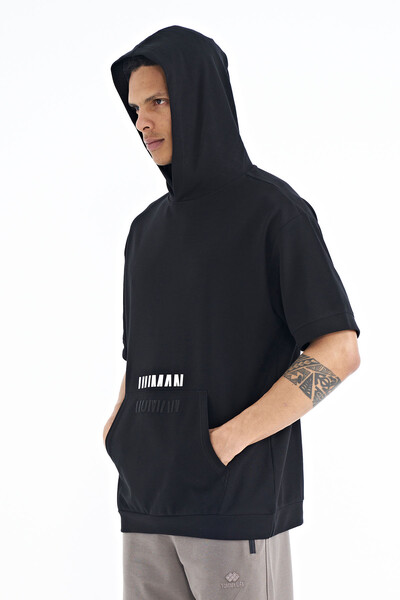 Tommylife Wholesale Black Kangaroo Pocket Hooded Men's T-Shirt - 88195 - Thumbnail