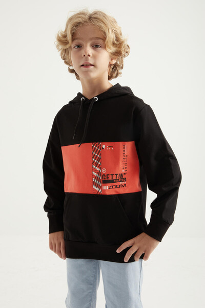Tommylife Wholesale Black Kangaroo Pocket Hoodie Standard Fit Boys' Sweatshirt - 11010 - Thumbnail
