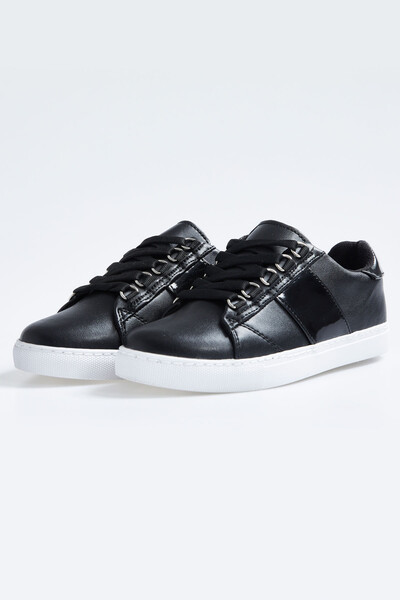 Tommylife Wholesale Black Lace Up Faux Leather Women's Sneakers - 89202 - Thumbnail