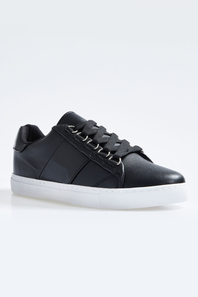 Tommylife Wholesale Black Lace Up Faux Leather Women's Sneakers - 89202 - Thumbnail