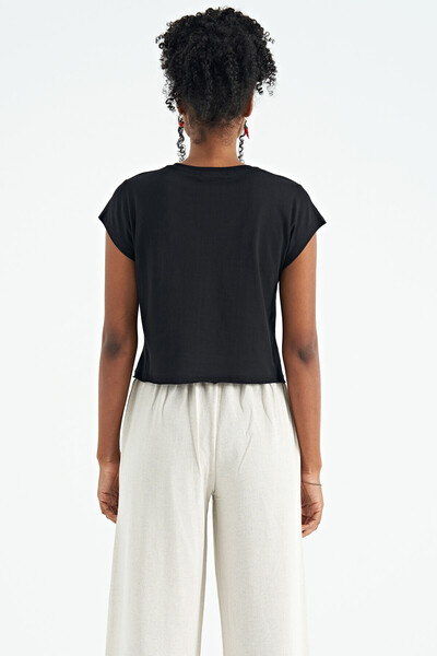 Tommylife Wholesale Black Loose Fit O-Neck Women's Basic T-shirt - 02255 - Thumbnail