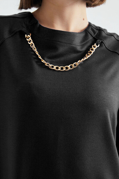 Tommylife Wholesale Black O Neck Chain Detailed Oversize Women's Sweatshirt - 02383 - Thumbnail