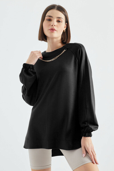 Tommylife Wholesale Black O Neck Chain Detailed Oversize Women's Sweatshirt - 02383 - Thumbnail