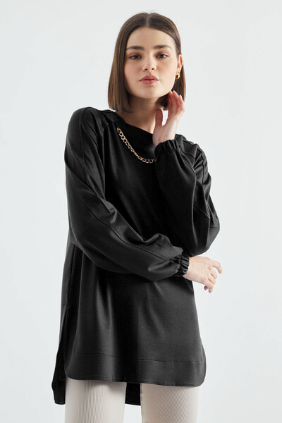 Tommylife Wholesale Black O Neck Chain Detailed Oversize Women's Sweatshirt - 02383 - Thumbnail