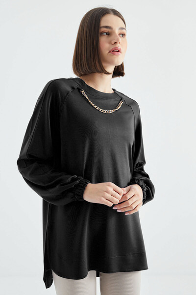 Tommylife Wholesale Black O Neck Chain Detailed Oversize Women's Sweatshirt - 02383 - Thumbnail