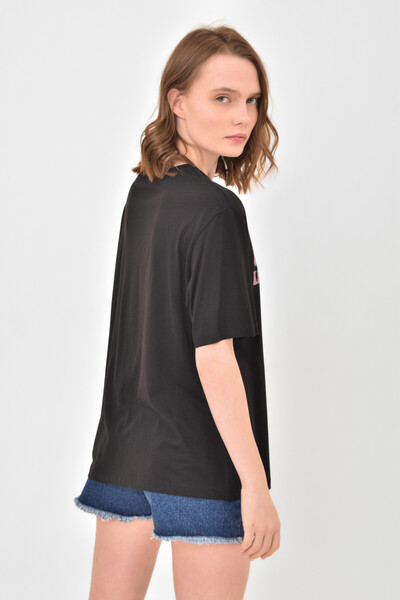 Tommylife Wholesale Black O-Neck Oversize Women's T-Shirt - 02305 - Thumbnail
