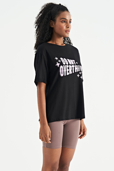 Tommylife Wholesale Black O-Neck Oversize Women's T-Shirt - 02307 - Thumbnail