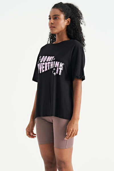 Tommylife Wholesale Black O-Neck Oversize Women's T-Shirt - 02307 - Thumbnail