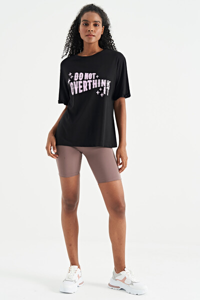 Tommylife Wholesale Black O-Neck Oversize Women's T-Shirt - 02307 - Thumbnail