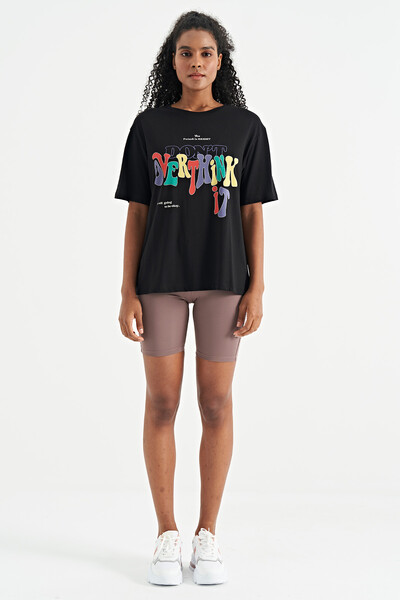 Tommylife Wholesale Black Oversize Basic Women's T-Shirt - 02306 - Thumbnail