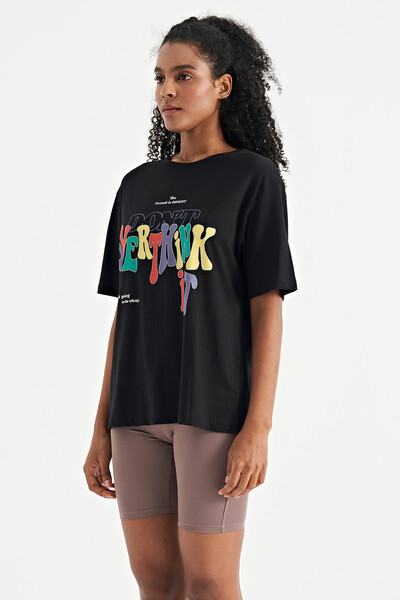 Tommylife Wholesale Black Oversize Basic Women's T-Shirt - 02306 - Thumbnail