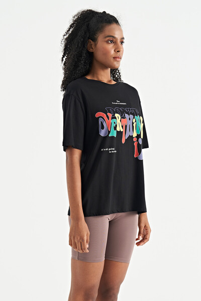 Tommylife Wholesale Black Oversize Basic Women's T-Shirt - 02306 - Thumbnail