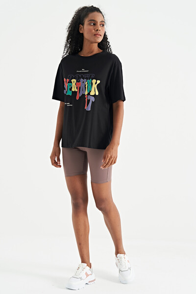 Tommylife Wholesale Black Oversize Basic Women's T-Shirt - 02306 - Thumbnail