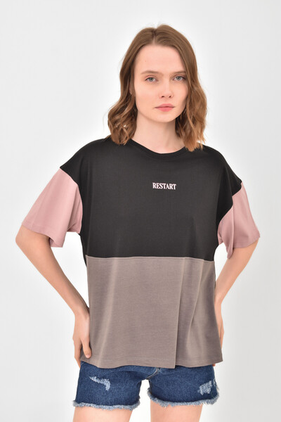 Tommylife Wholesale Black Oversize Basic Women's T-Shirt - 02309 - Thumbnail