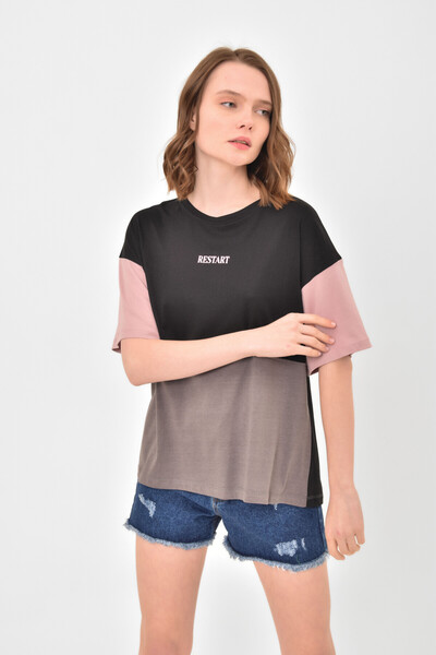 Tommylife Wholesale Black Oversize Basic Women's T-Shirt - 02309 - Thumbnail