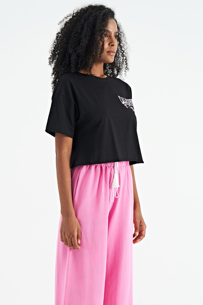 Tommylife Wholesale Black Oversize Crew Neck Basic Women's T-Shirt - 02179 - Thumbnail