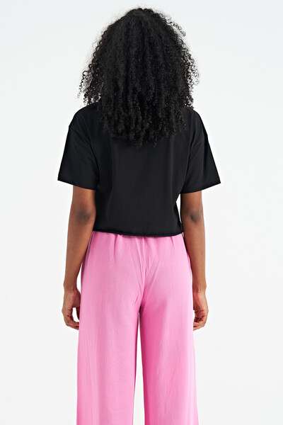 Tommylife Wholesale Black Oversize Crew Neck Basic Women's T-Shirt - 02179 - Thumbnail