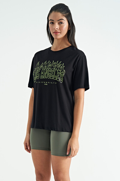 Tommylife Wholesale Black Oversize O-Neck Basic Women's T-Shirt - 02181 - Thumbnail