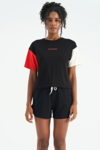 Tommylife Wholesale Black Oversize Printed Crop Women's T-shirt - 02266 - Thumbnail